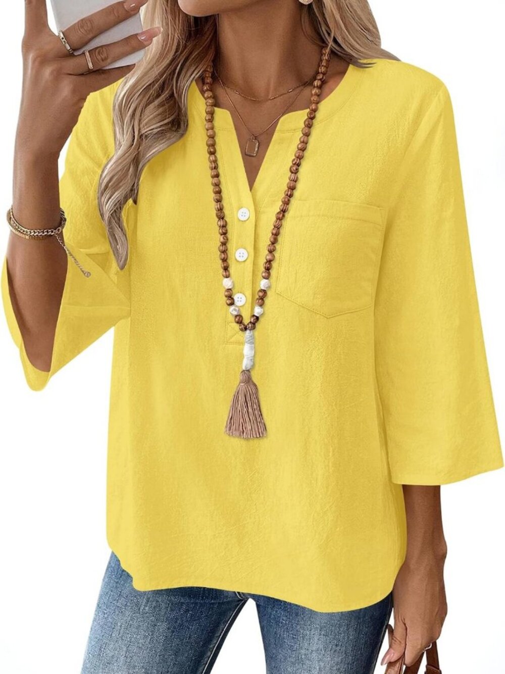 V-Neck 3/4 Sleeve Loose Fit Cotton Linen Blouse - Casual Summer Fall Top